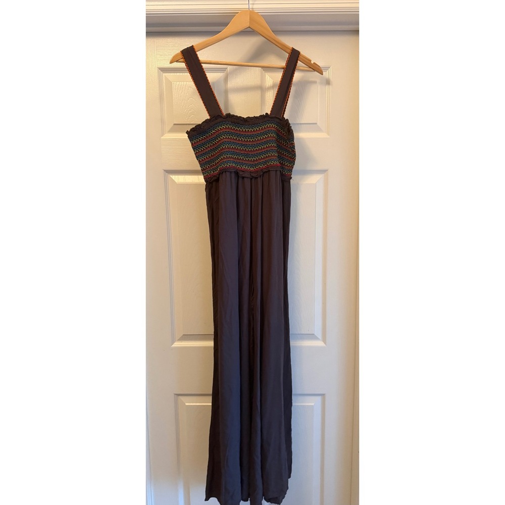 Natural Life Jumpsuit Women Small Brown Smocked Rainbow Embroidered Wide Leg